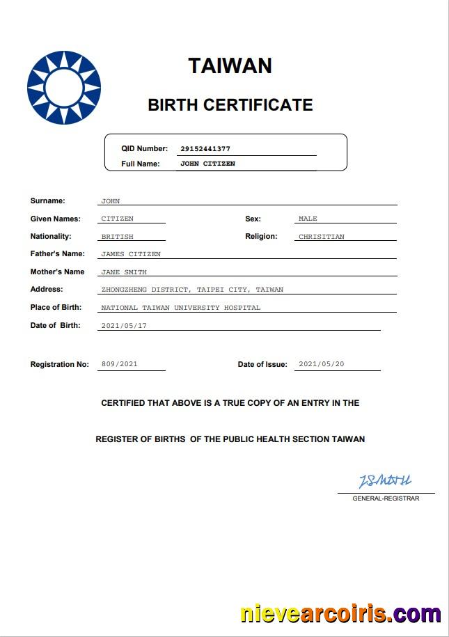 Taiwan birth certificate
